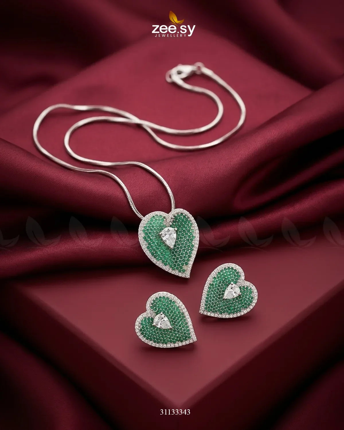Silver Heart Cluster Pendant Set Silver Green Pendant - Zeesy Jewellery Pakistan | Premium Artificial & Imitation Jewellery