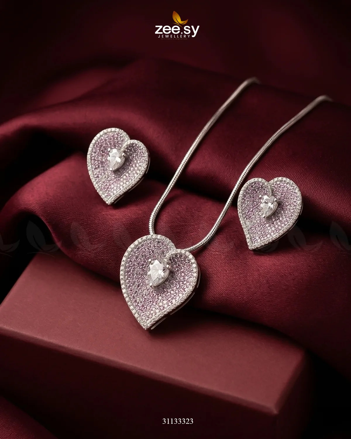 Silver Heart Cluster Pendant Set Silver Mint Pink Pendant - Zeesy Jewellery Pakistan | Premium Artificial & Imitation Jewellery