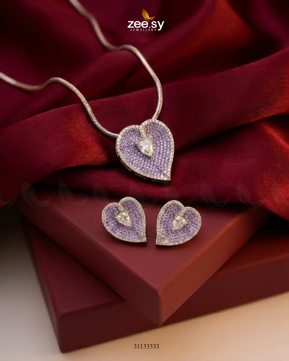 Silver Heart Cluster Pendant Set Silver Purple Pendant - Zeesy Jewellery Pakistan | Premium Artificial & Imitation Jewellery