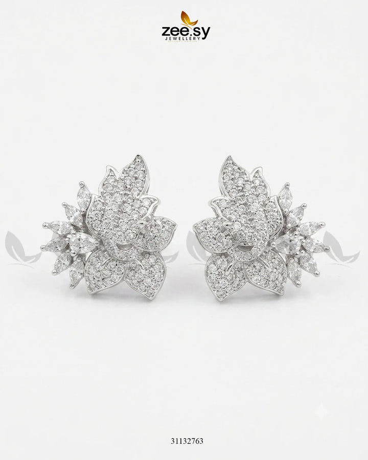 Silver Lotus Floral Cluster Earrings