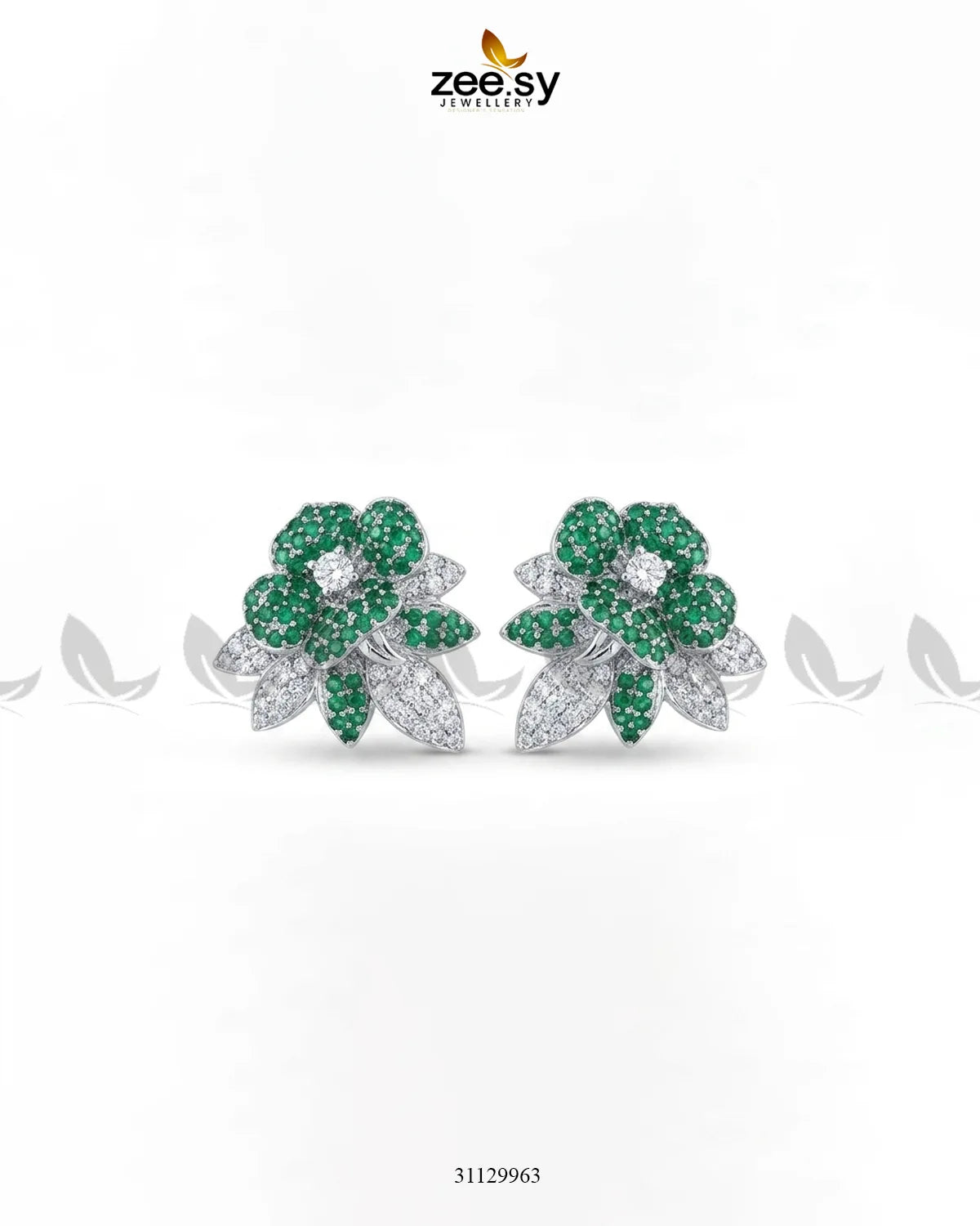 Silver Orchid Cluster Pave Earrings Silver Green Earrings - Zeesy Jewellery Pakistan | Premium Artificial & Imitation Jewellery