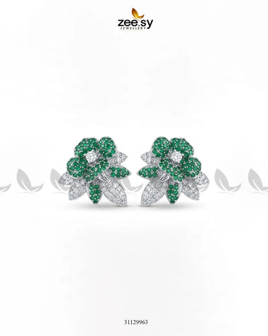 Silver Orchid Cluster Pave Earrings Silver Green Earrings - Zeesy Jewellery Pakistan | Premium Artificial & Imitation Jewellery