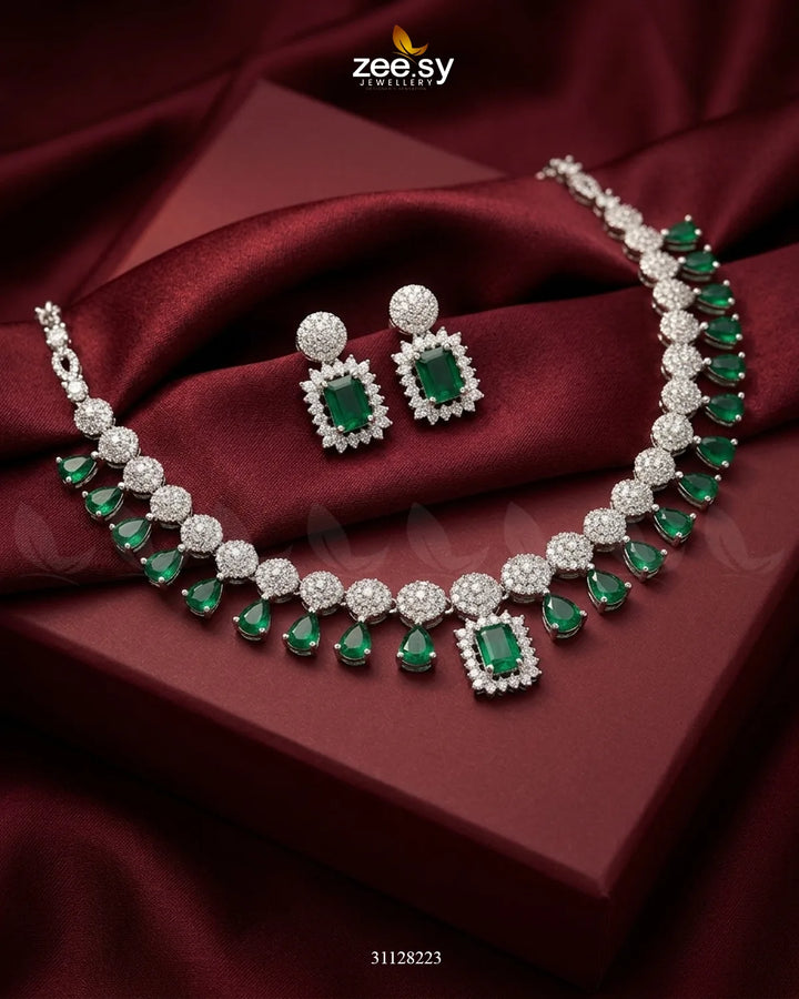 Silver Teardrop Zirconia Necklace Set Silver Green Necklace Sets - Zeesy Jewellery Pakistan | Premium Artificial & Imitation Jewellery