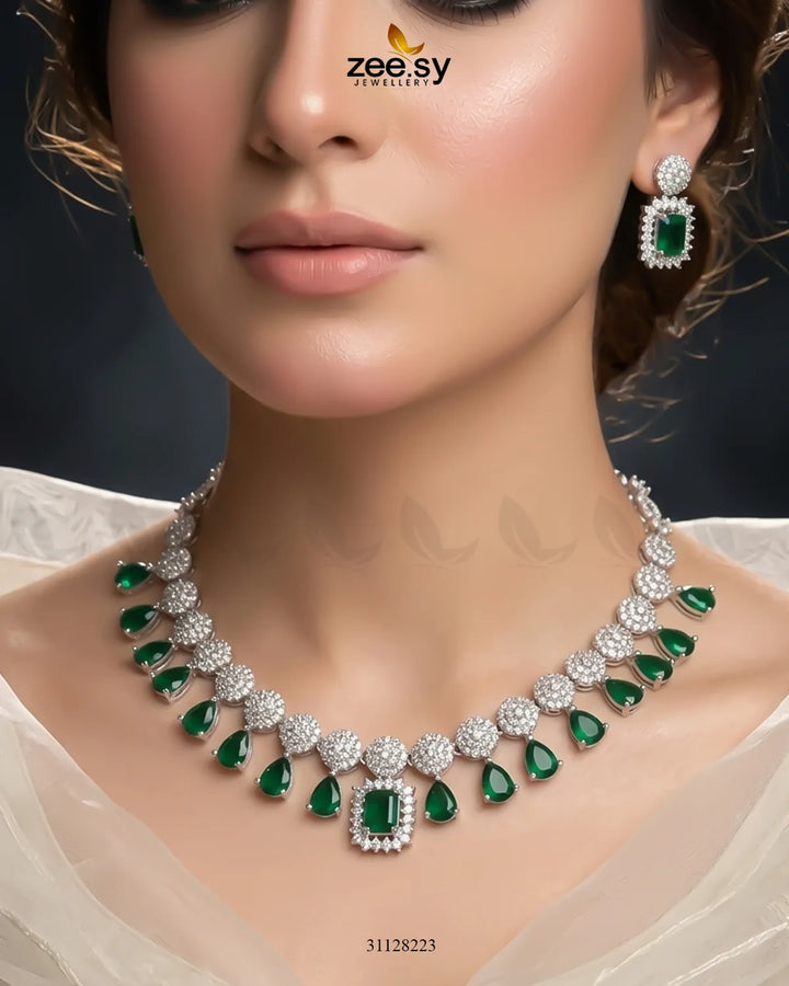 Silver Teardrop Zirconia Necklace Set Necklace Sets - Zeesy Jewellery Pakistan | Premium Artificial & Imitation Jewellery