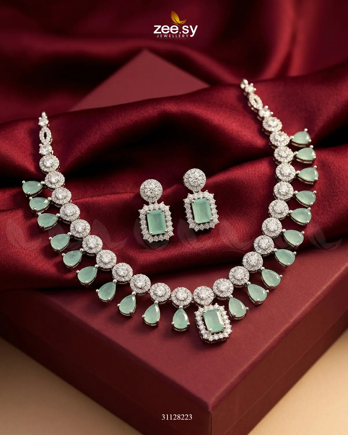 Silver Teardrop Zirconia Necklace Set Silver Mint Green Necklace Sets - Zeesy Jewellery Pakistan | Premium Artificial & Imitation Jewellery