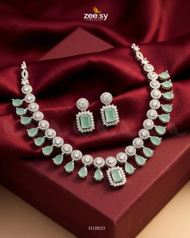 Silver Teardrop Zirconia Necklace Set Silver Mint Green Necklace Sets - Zeesy Jewellery Pakistan | Premium Artificial & Imitation Jewellery