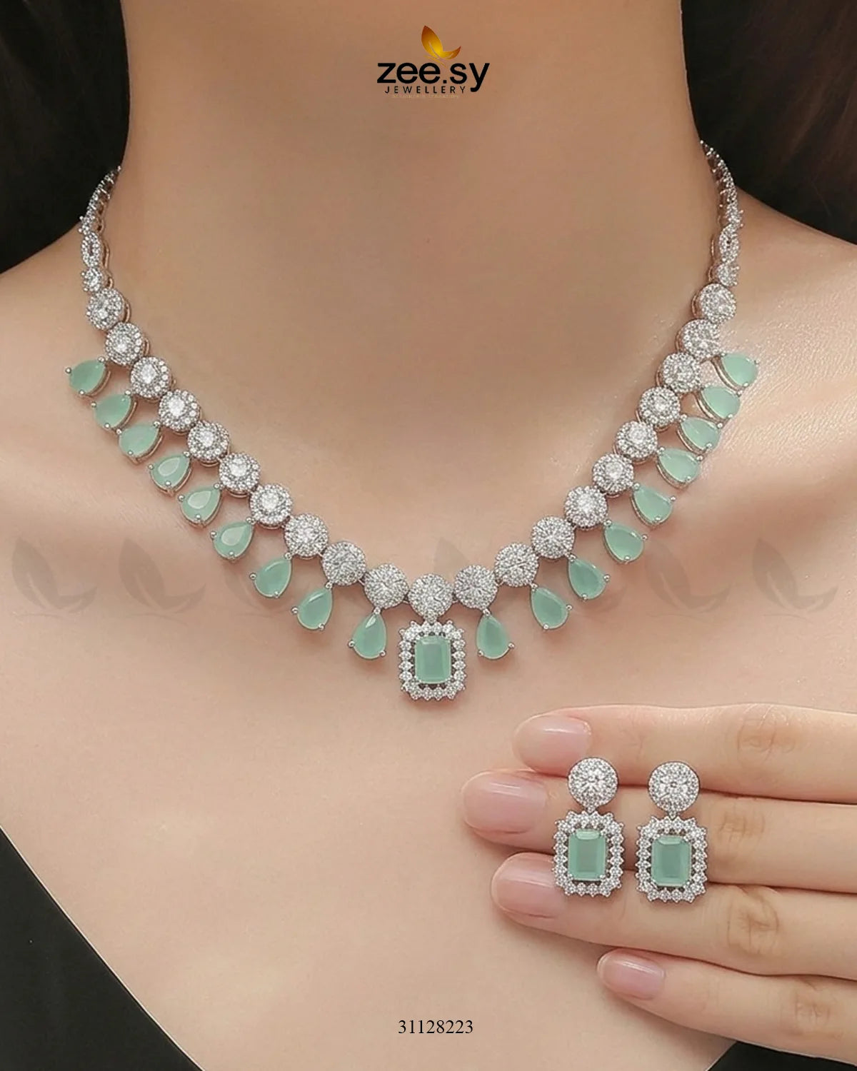 Silver Teardrop Zirconia Necklace Set Necklace Sets - Zeesy Jewellery Pakistan | Premium Artificial & Imitation Jewellery
