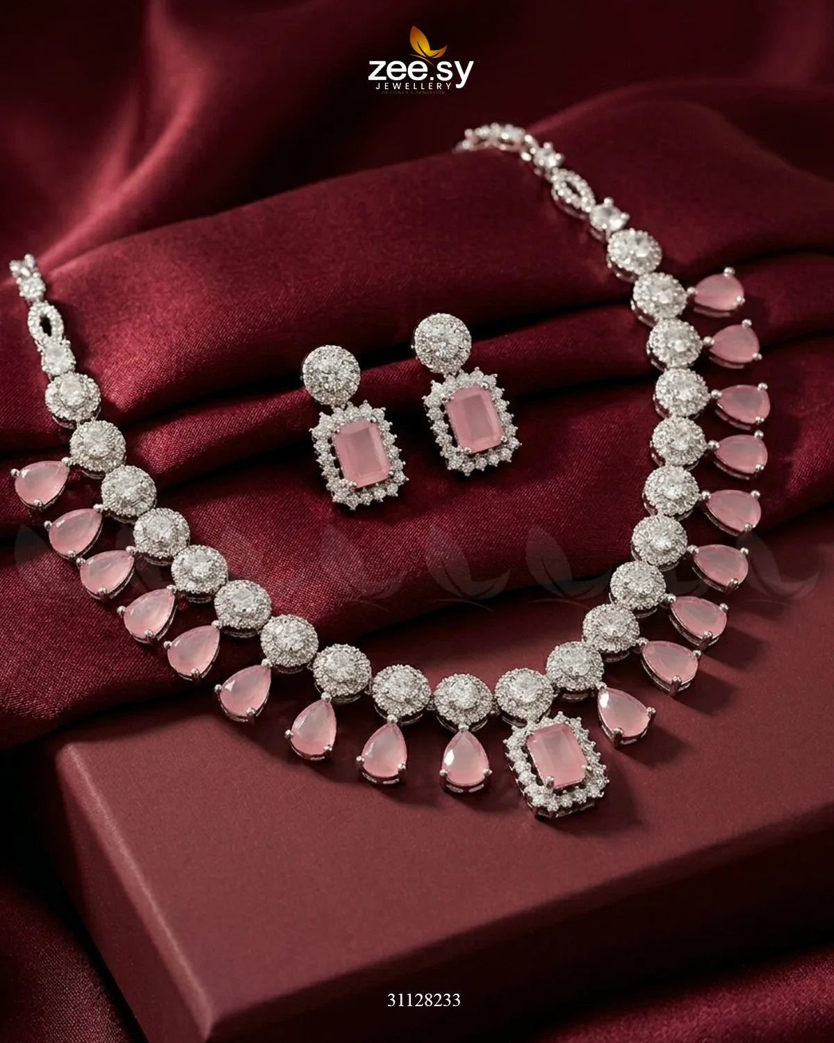 Silver Teardrop Zirconia Necklace Set Silver Mint Pink Necklace Sets - Zeesy Jewellery Pakistan | Premium Artificial & Imitation Jewellery