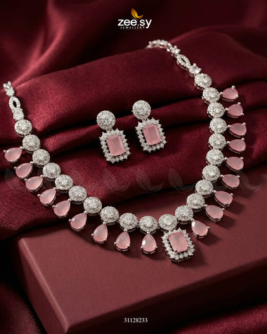 Silver Teardrop Zirconia Necklace Set Silver Mint Pink Necklace Sets - Zeesy Jewellery Pakistan | Premium Artificial & Imitation Jewellery