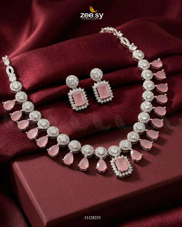 Silver Teardrop Zirconia Necklace Set Silver Mint Pink Necklace Sets - Zeesy Jewellery Pakistan | Premium Artificial & Imitation Jewellery