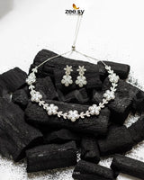 Floral Cubic Stone Necklace Set Silver White - Zeesy Jewellery