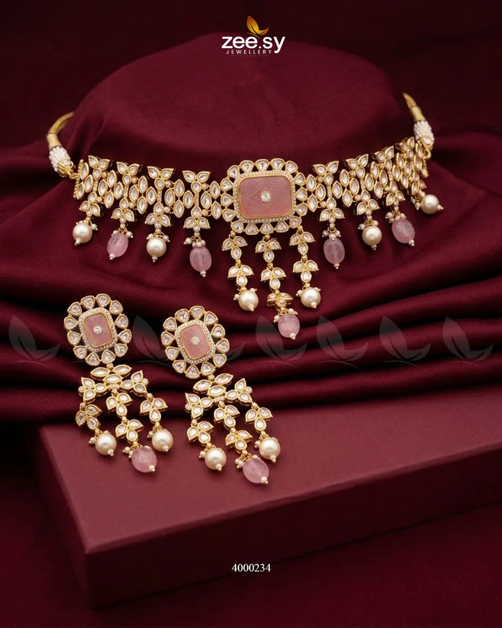 Solstice carved pearl choker set with mint and pink beads, featuring elegant design and silver accents, ideal for stylish accessories.