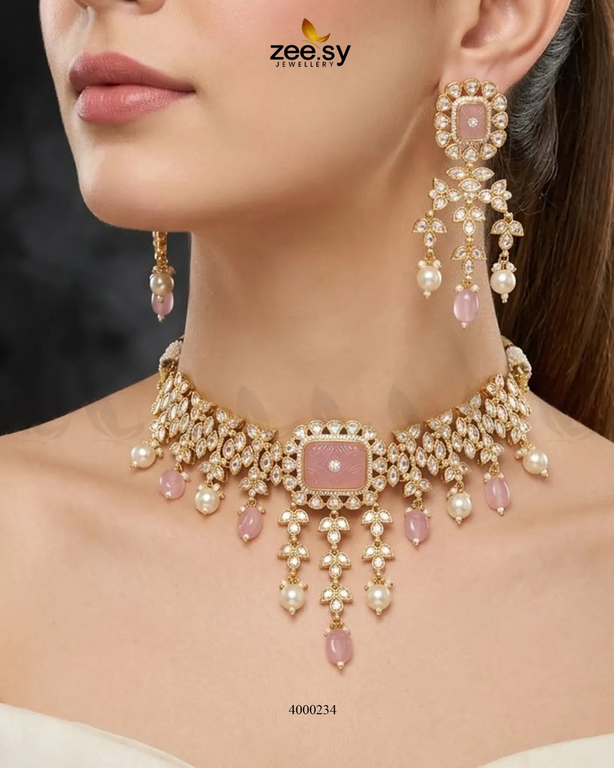 Elegant Solstice carved pearl choker set featuring mint and pink beads, perfect for stylish necklace sets by RHS09.