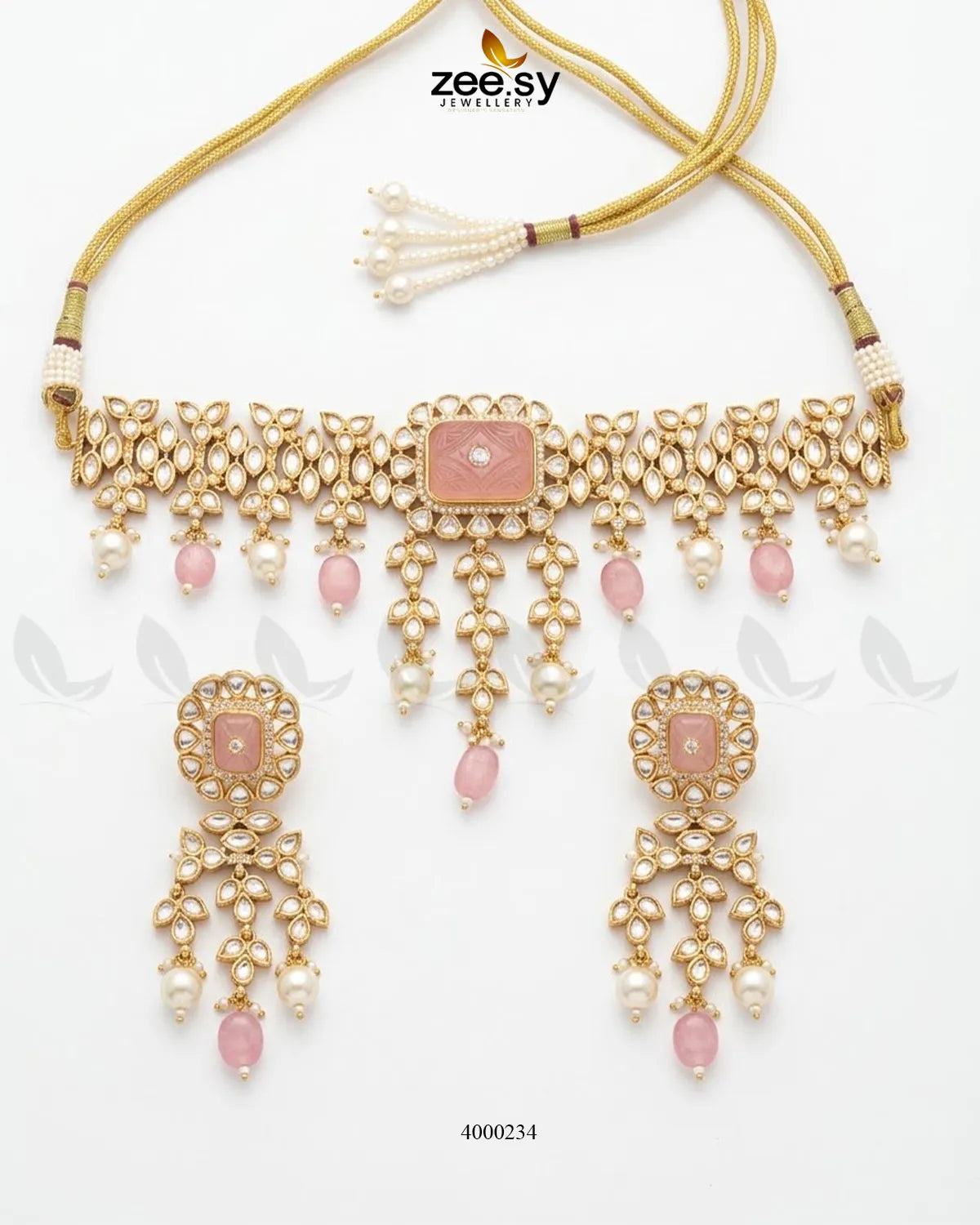 Solstice carved pearl choker set with mint and pink beads, featuring intricate design and matching necklace and earrings by RHS09.