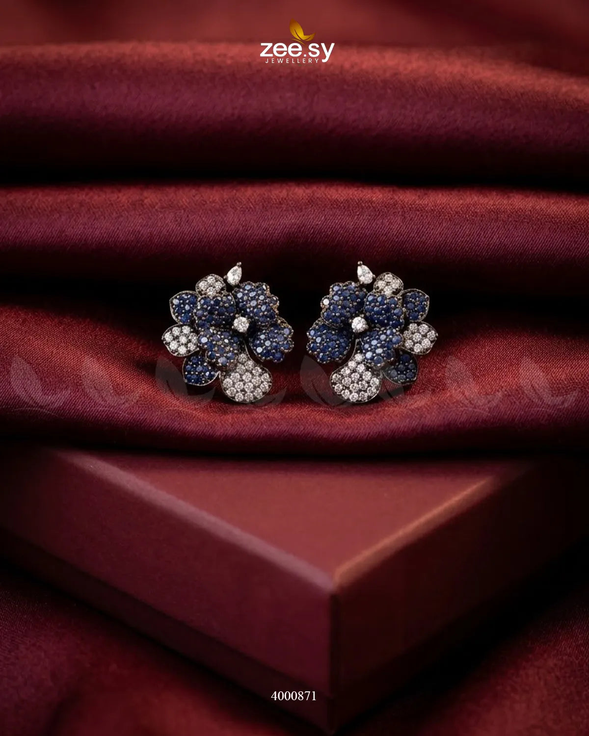 Sparkling AD Flower Earrings - Metallic Metallic Blue Earrings - Zeesy Jewellery Pakistan | Premium Artificial & Imitation Jewellery