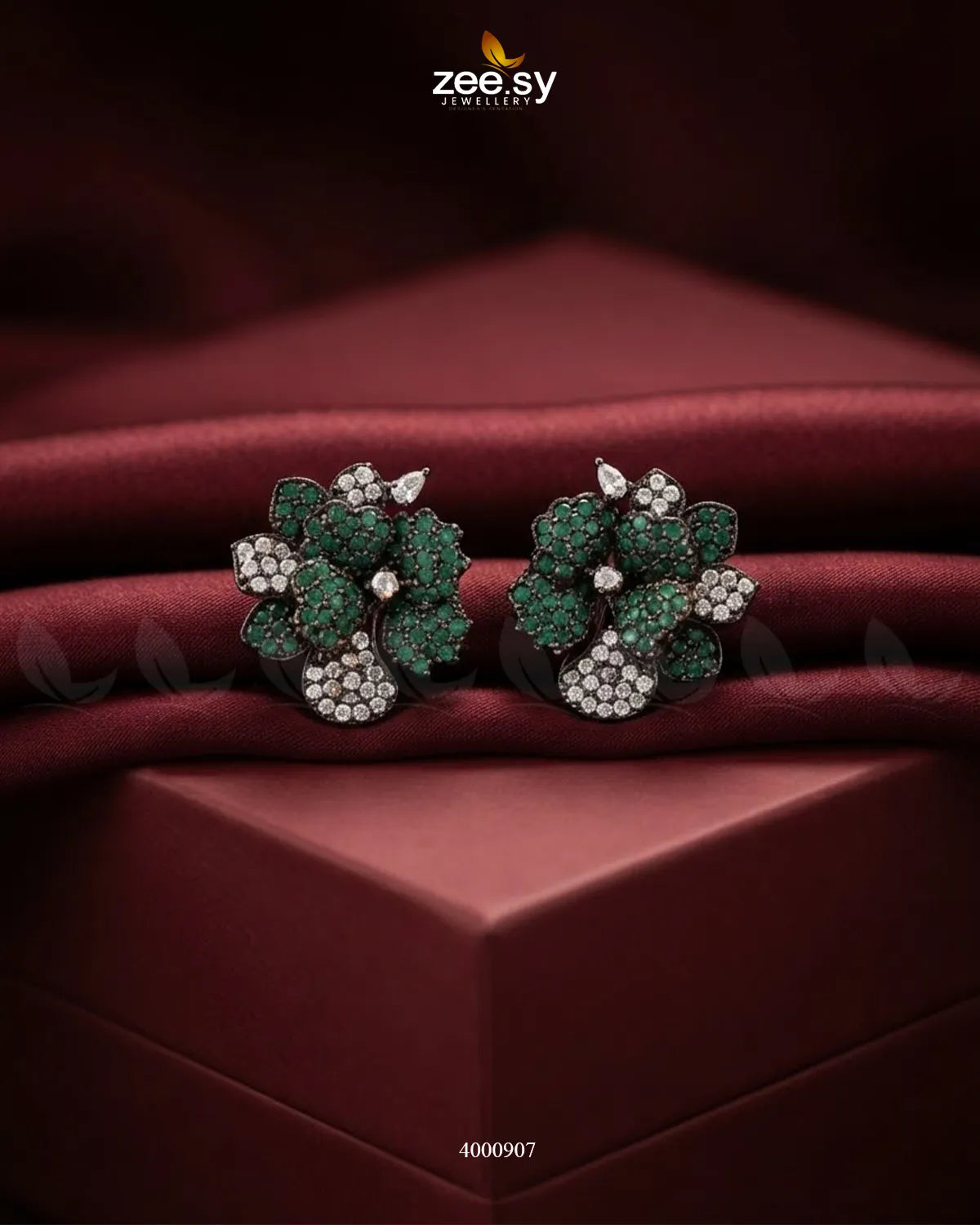 Sparkling AD Flower Earrings - Metallic Metallic Green Earrings - Zeesy Jewellery Pakistan | Premium Artificial & Imitation Jewellery