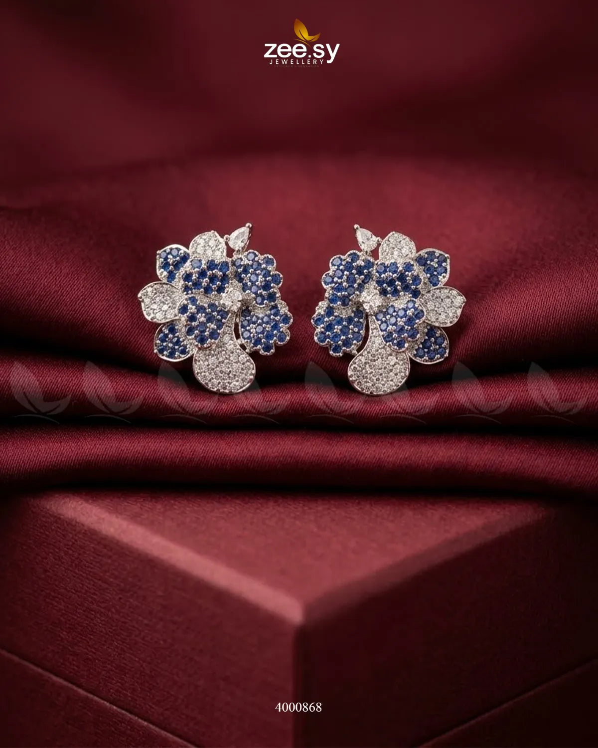 Sparkling AD Flower Earrings - Silver Silver Blue Earrings - Zeesy Jewellery Pakistan | Premium Artificial & Imitation Jewellery