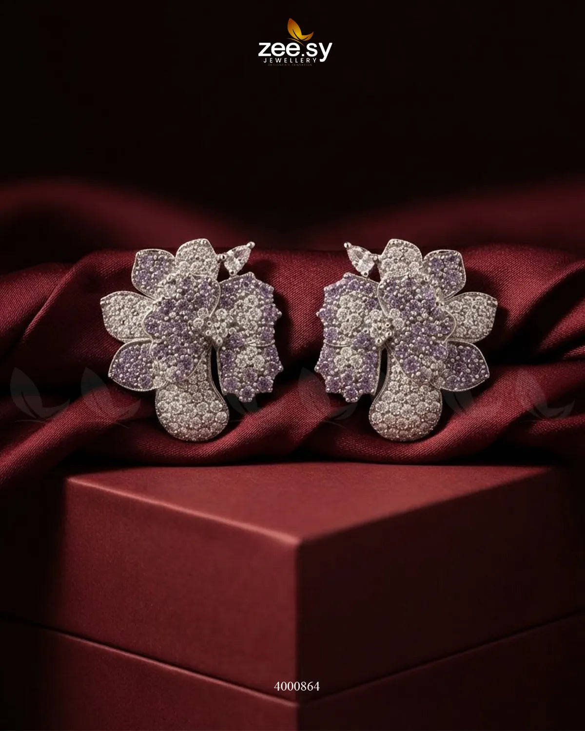 Sparkling AD Flower Earrings - Silver Silver Purple Earrings - Zeesy Jewellery Pakistan | Premium Artificial & Imitation Jewellery