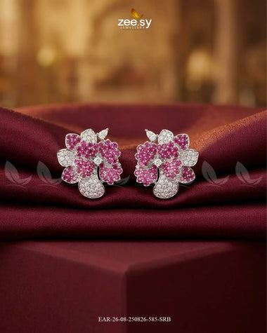 Sparkling AD Flower Earrings - Silver Silver Ruby Earrings - Zeesy Jewellery Pakistan | Premium Artificial & Imitation Jewellery
