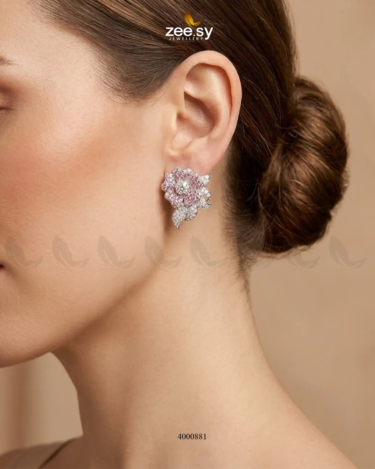 RHS09 sparkling American diamond silver earrings with mint pink accents
