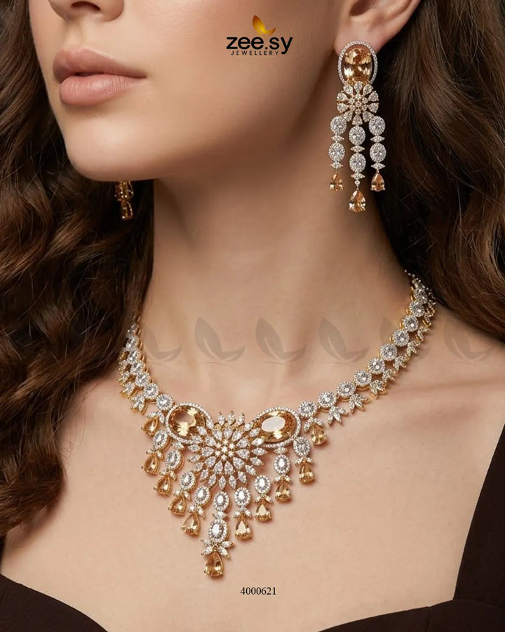 RHS09 sparkling American diamond necklace set with shimmering stones and matching jewelry pieces