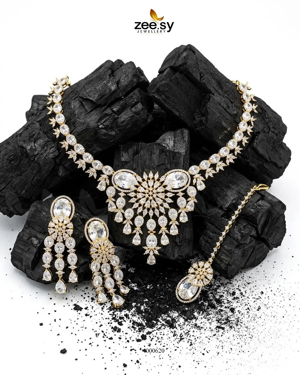 RHS09 sparkling American diamond necklace set in white, featuring a statement necklace and matching earrings