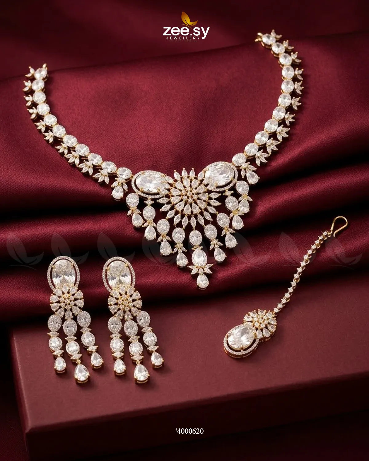 RHS09 sparkling American diamond necklace set in white, featuring a delicate necklace and matching earrings