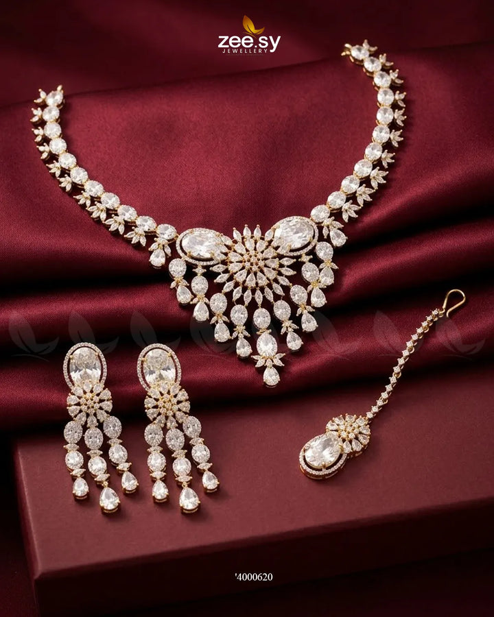 RHS09 sparkling American diamond necklace set in white, featuring a delicate necklace and matching earrings