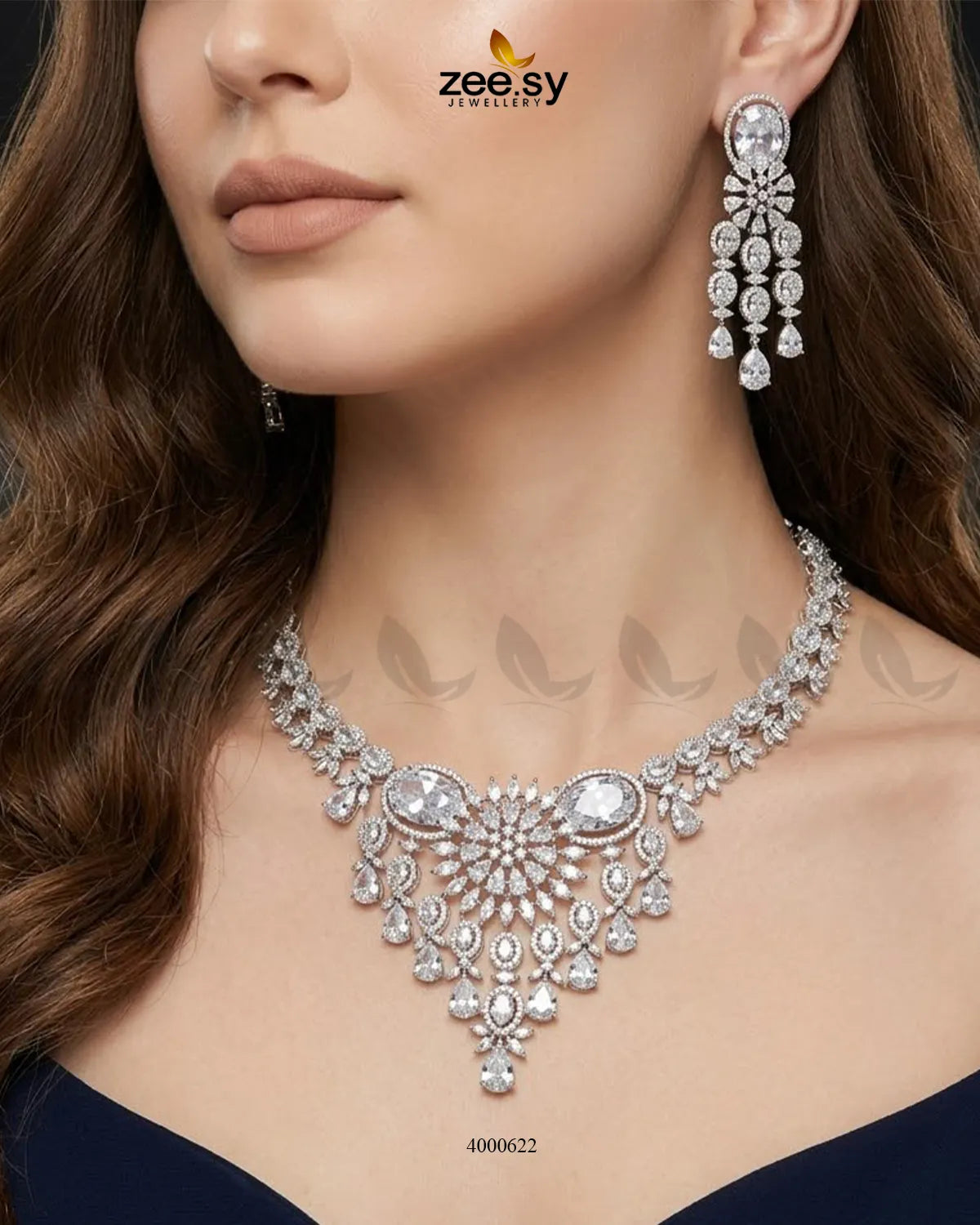 RHS09 sparkling American diamond necklace set in white, featuring a detailed necklace and matching earrings