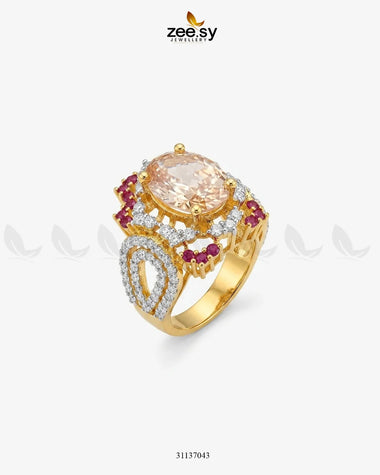 Sparkling Oval Stone Zircon Ring Golden Ruby & Champagne Finger Ring - Zeesy Jewellery Pakistan | Premium Artificial & Imitation Jewellery