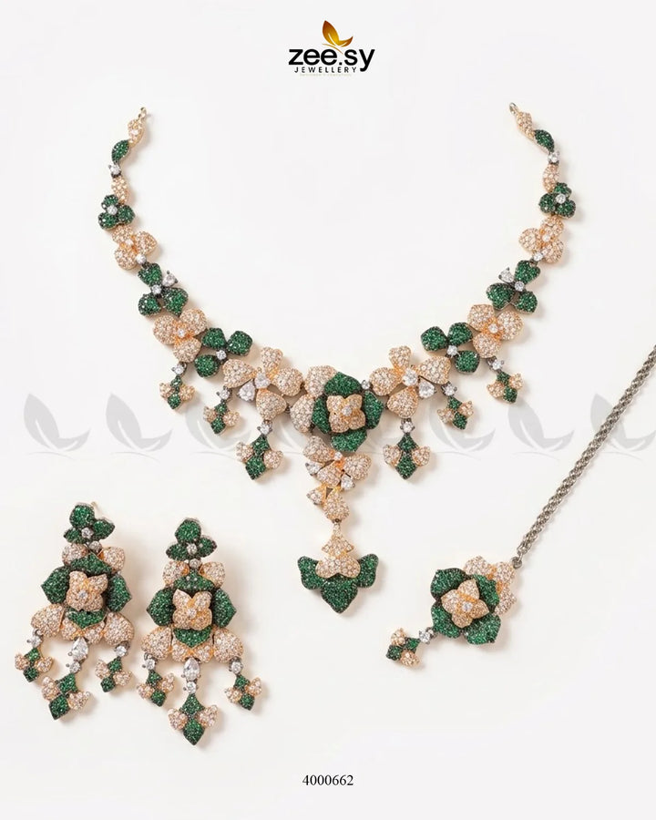 Black sparkling zirconia necklace set with rose and green accents, elegant jewelry by RHS09 featuring intricate design.