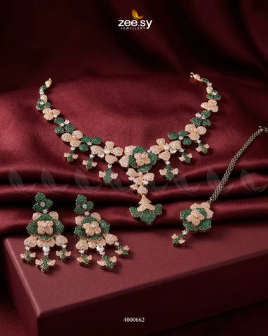 Black sparkling zirconia necklace set with rose and green accents, elegant jewelry by RHS09 featuring intricate design.