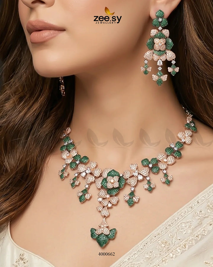 Black sparkling zirconia necklace set with rose and green accents, elegant jewelry by RHS09.