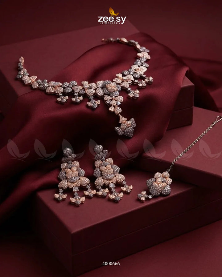 Black sparkling zirconia necklace set with rose and purple accents, elegant jewelry by RHS09.