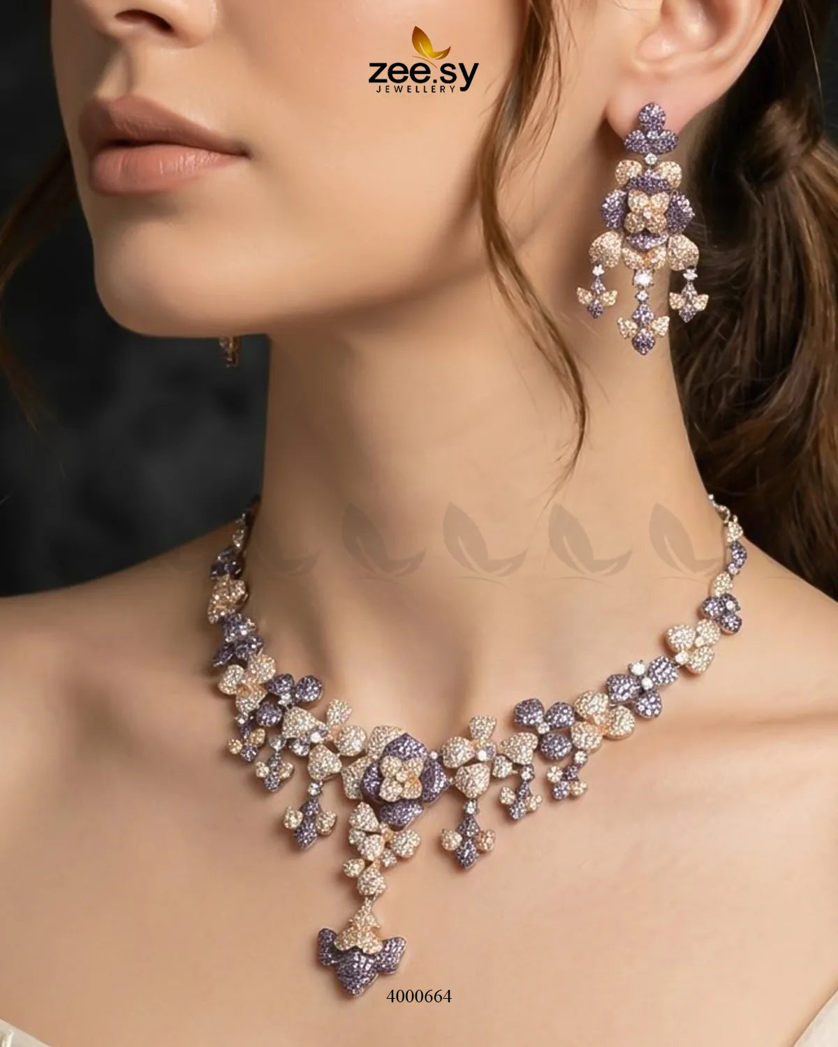 Black sparkling zirconia necklace set with rose and purple accents, showcasing elegant jewelry design by RHS09.