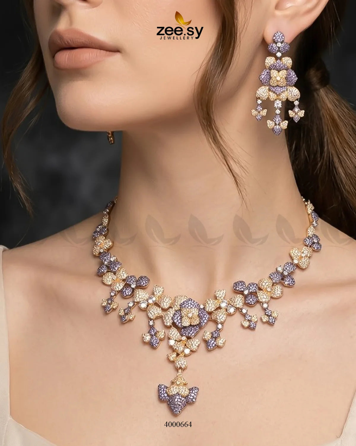 Black sparkling zirconia necklace set with rose and purple accents, elegant jewelry by RHS09.