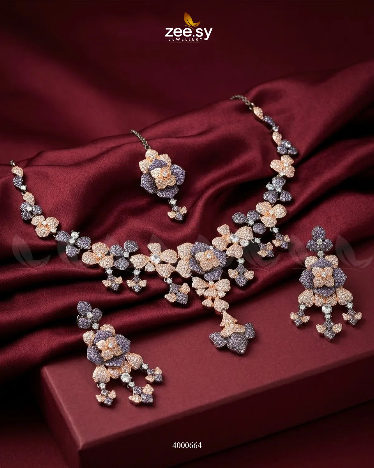 Black sparkling zirconia necklace set with rose and purple accents, elegant jewelry by RHS09.