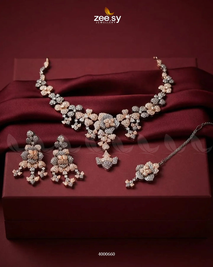 Black sparkling zirconia necklace set with rose and white accents, elegant jewelry by RHS09.