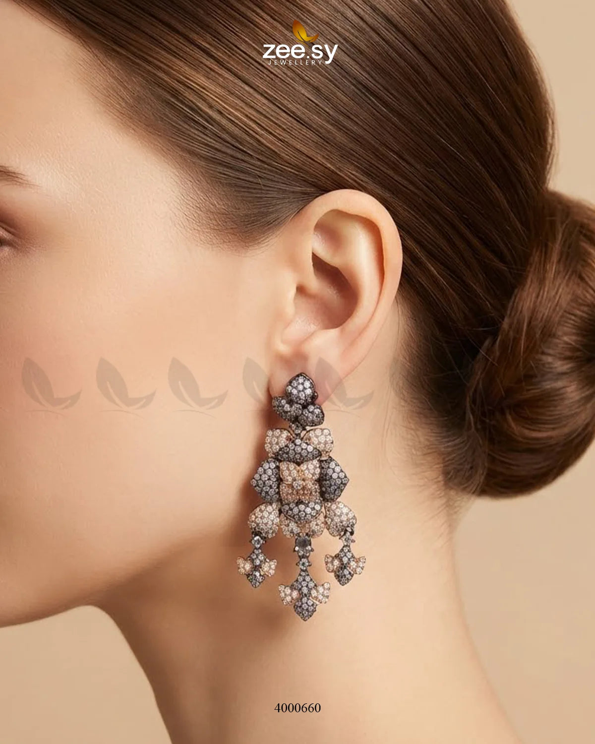 Black sparkling zirconia necklace set with rose and white accents, elegant jewelry by RHS09 featuring intricate design details.