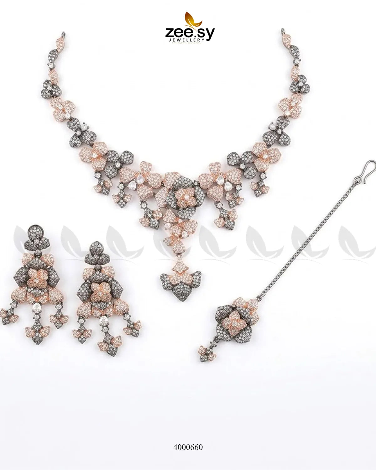 Black sparkling zirconia necklace set with rose and white accents, elegant jewelry by RHS09 featuring multiple pieces.