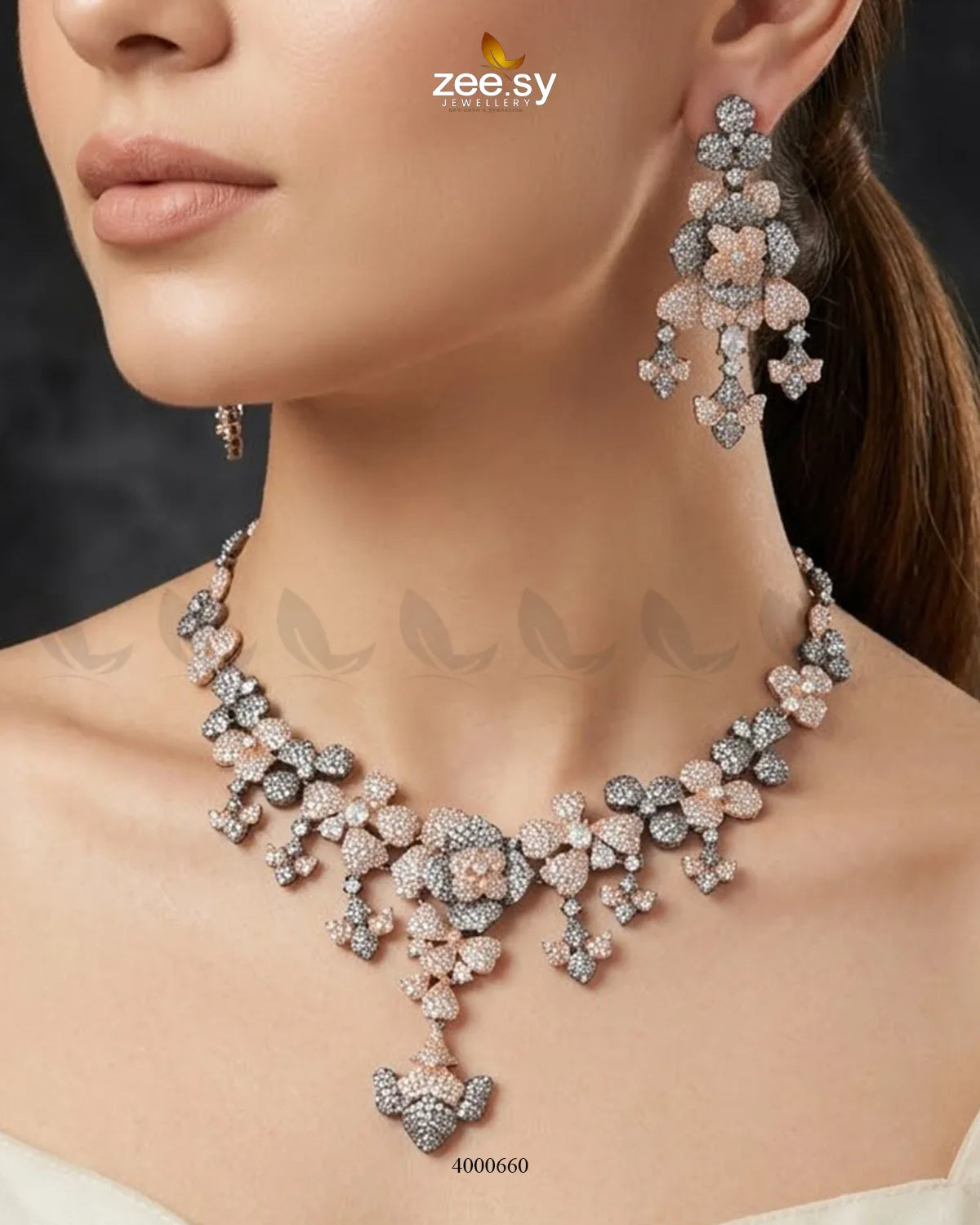 Black sparkling zirconia necklace set with rose and white accents, elegant jewelry by RHS09.