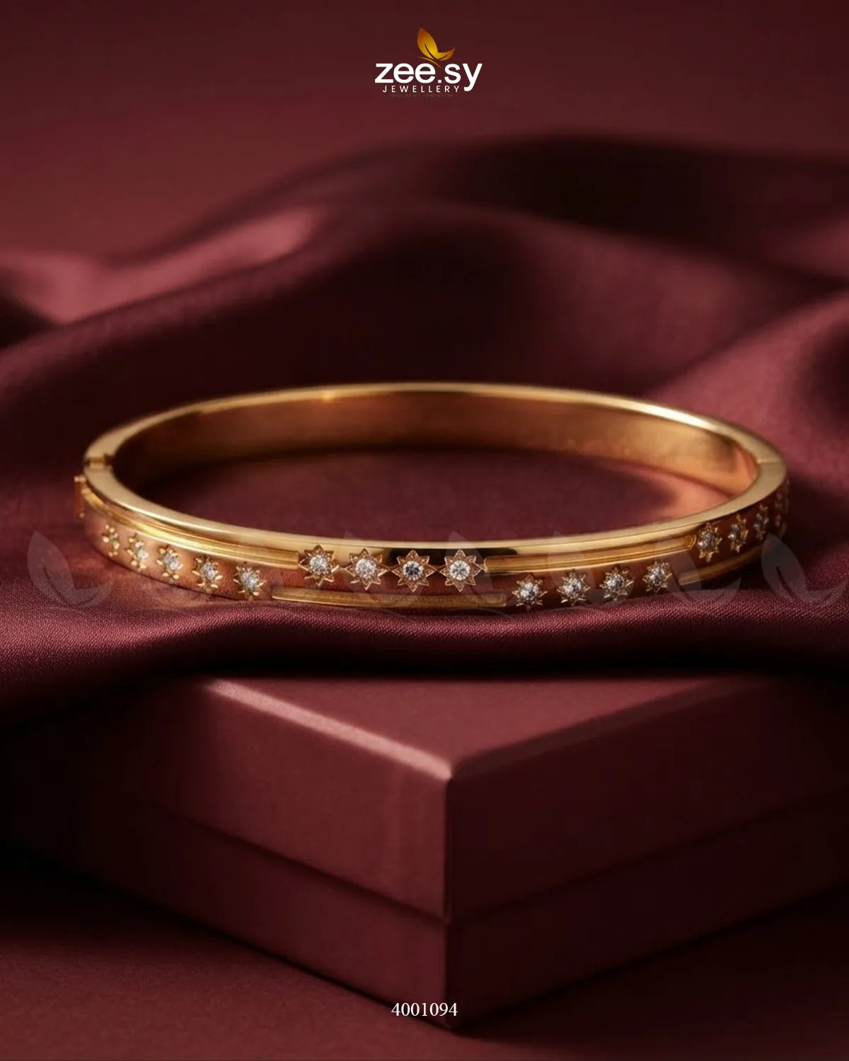 Sparkling zircon floral cuff bracelet by MH26 featuring intricate flower design and shimmering stones on a silver-tone metal.