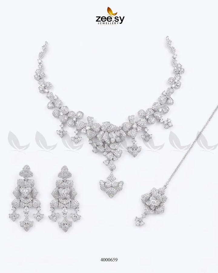 Silver sparkling zirconia necklace set with intricate design, perfect for elegant occasions, by RHS09.