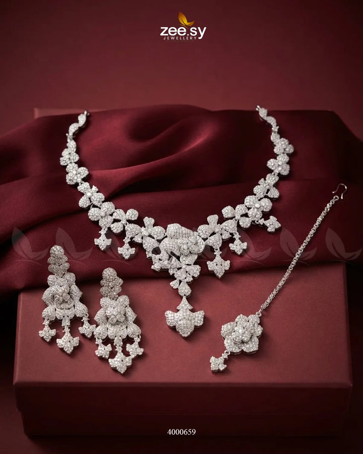 Silver sparkling zirconia necklace set featuring intricate design, perfect for elegant occasions. RHS09 jewelry collection.
