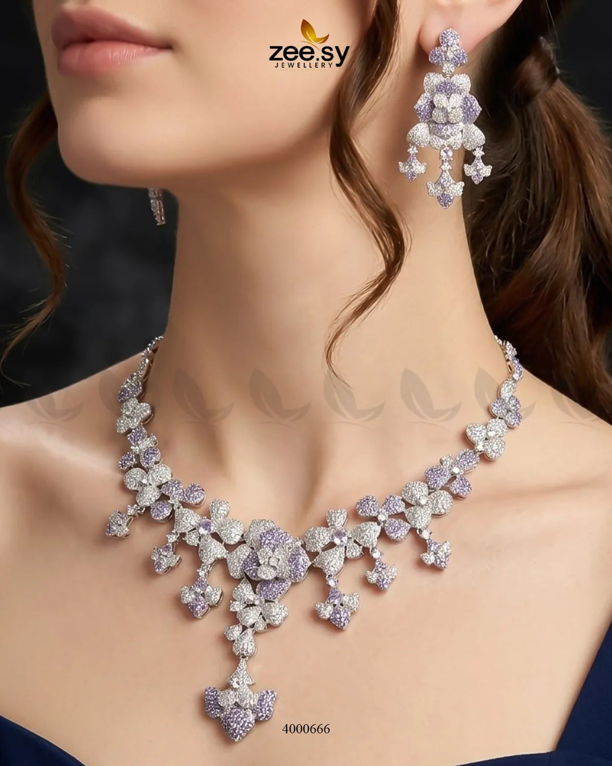 Silver sparkling zirconia necklace set with purple accents, featuring elegant jewelry design by RHS09.
