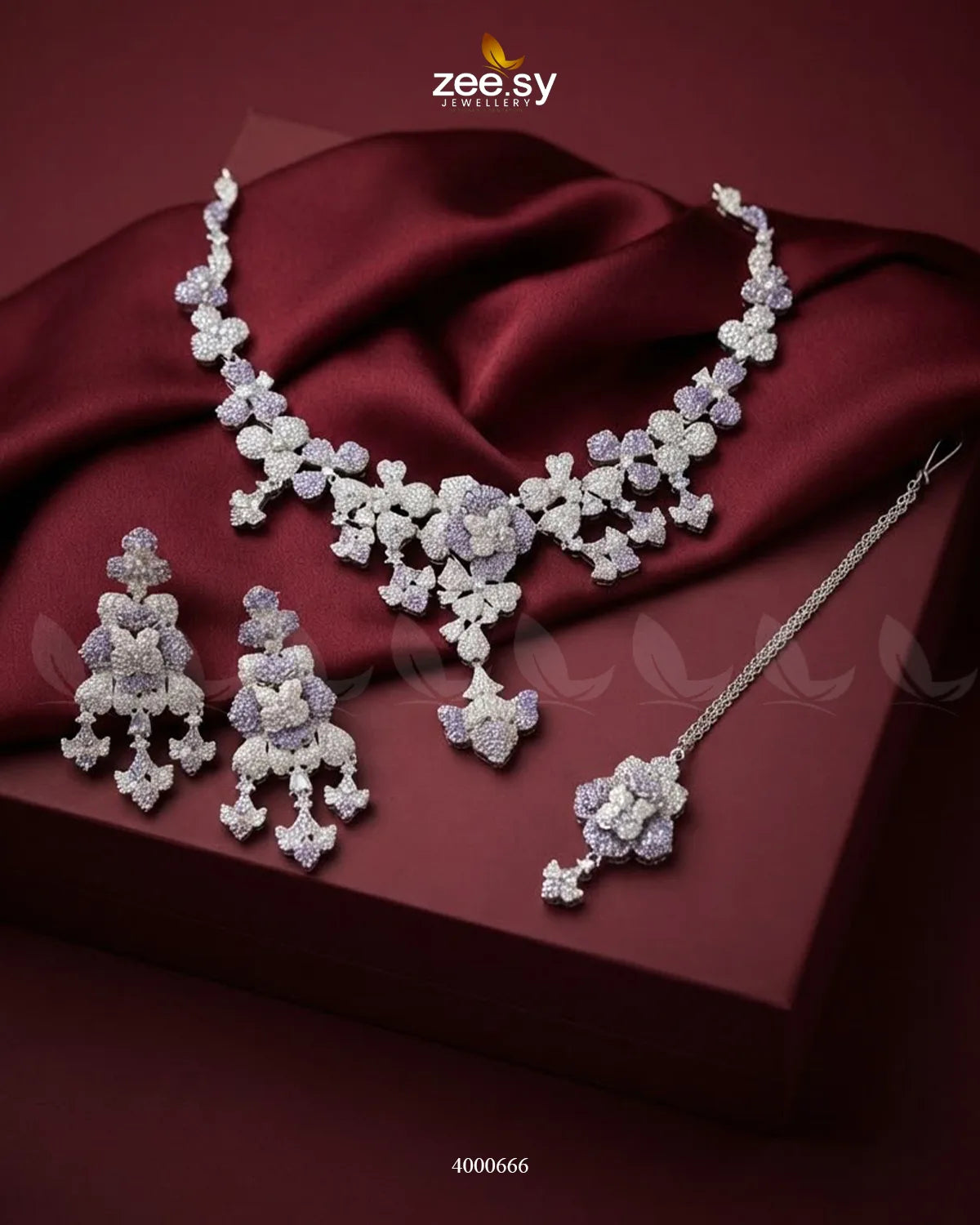 Silver sparkling zirconia necklace set with purple accents, elegant jewelry by RHS09 featuring intricate design and shimmering stones.