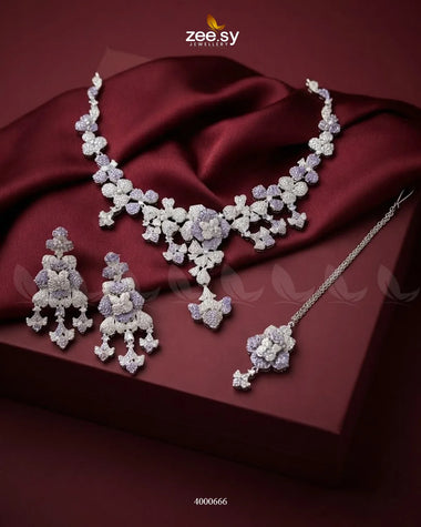 Silver sparkling zirconia necklace set with purple accents, elegant jewelry by RHS09 featuring intricate design and shimmering stones.
