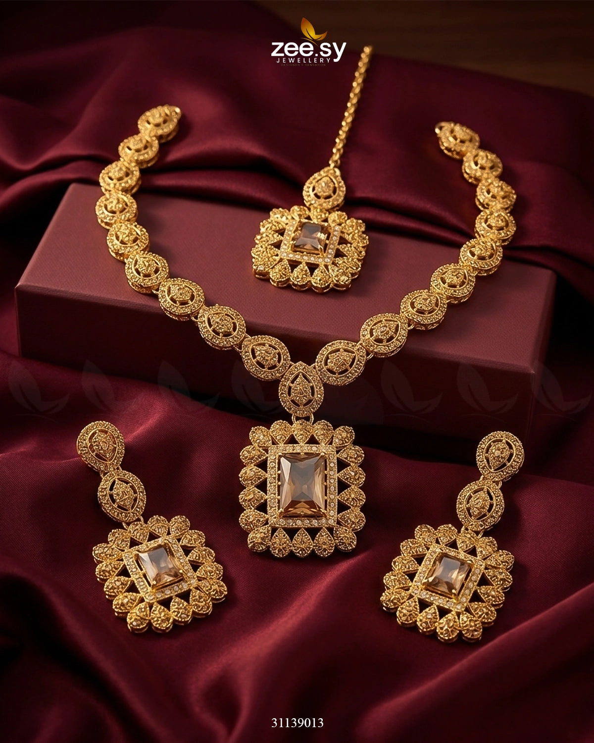 Square Bold Stone Necklace Set Golden Champagne Necklace Sets - Zeesy Jewellery Pakistan | Premium Artificial & Imitation Jewellery