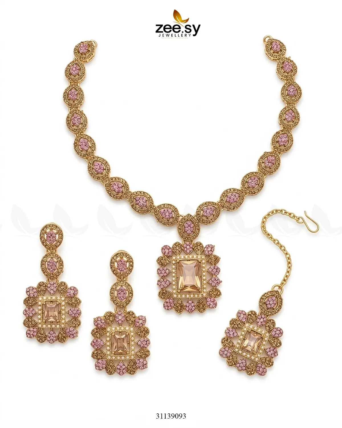 Square Bold Stone Necklace Set Golden Mint Pink Necklace Sets - Zeesy Jewellery Pakistan | Premium Artificial & Imitation Jewellery