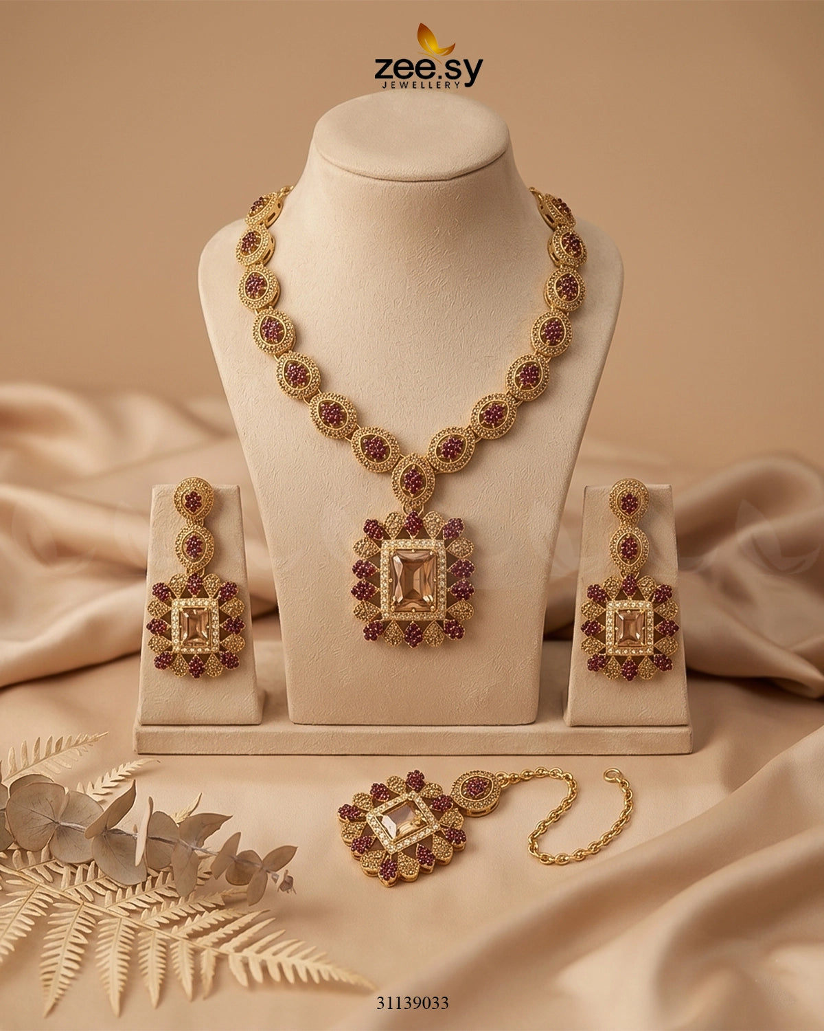 Square Bold Stone Necklace Set Golden Red Necklace Sets - Zeesy Jewellery Pakistan | Premium Artificial & Imitation Jewellery
